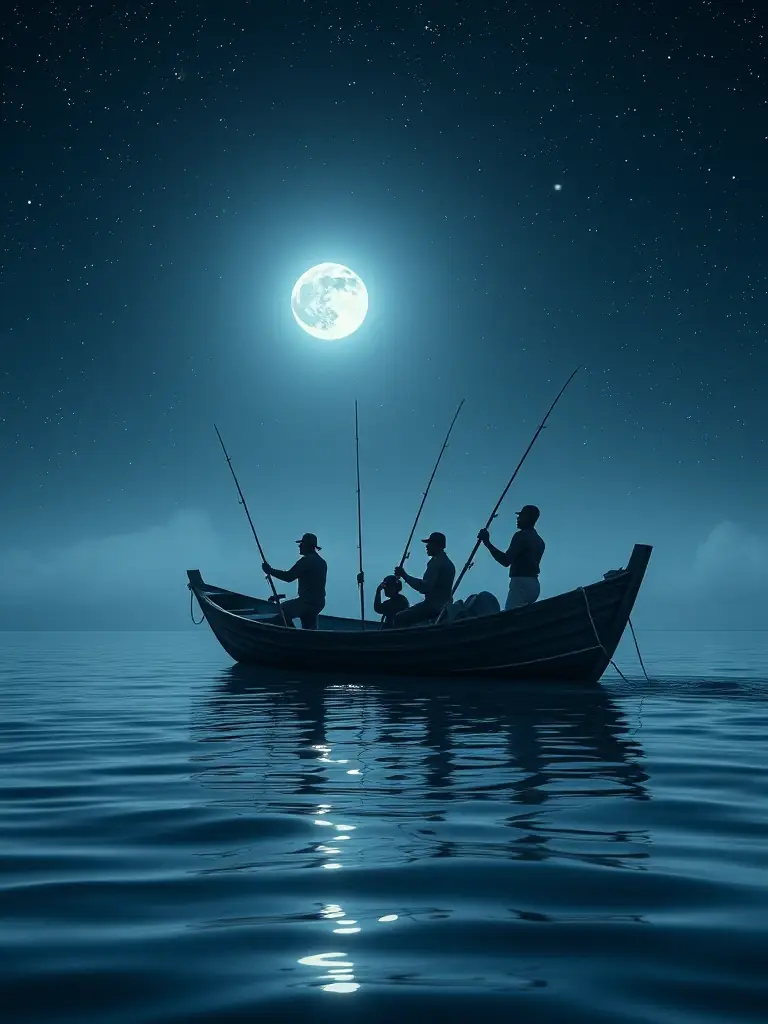 A group of people night fishing from a boat under the stars in the Maldives, using fishing rods and enjoying the peaceful atmosphere.