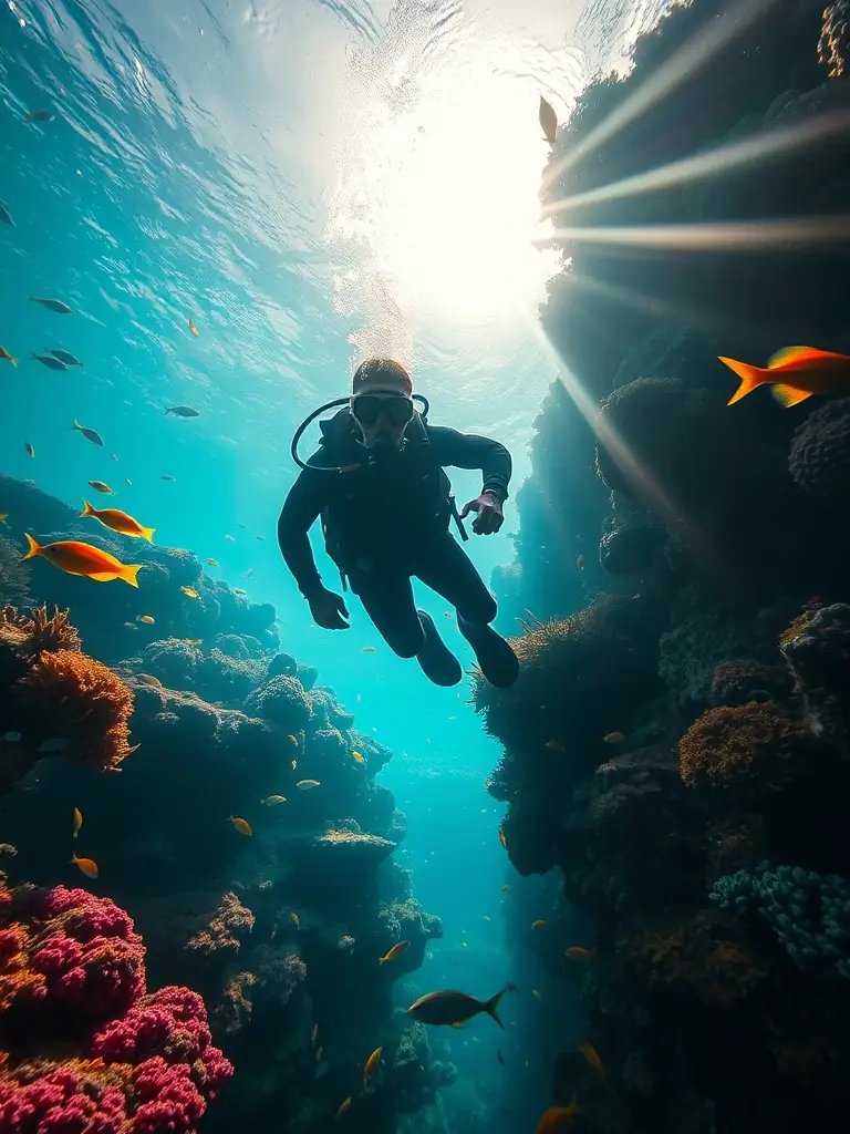 A vibrant underwater scene with a diver exploring a coral reef teeming with colorful fish at a dive site offered by Muraka Diving.