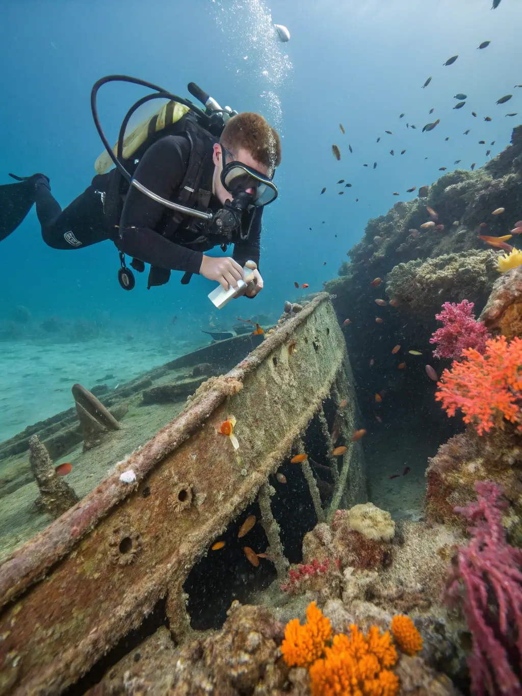 A diver carefully navigating a shipwreck, with schools of fish swimming around, illustrating the excitement of wreck diving.