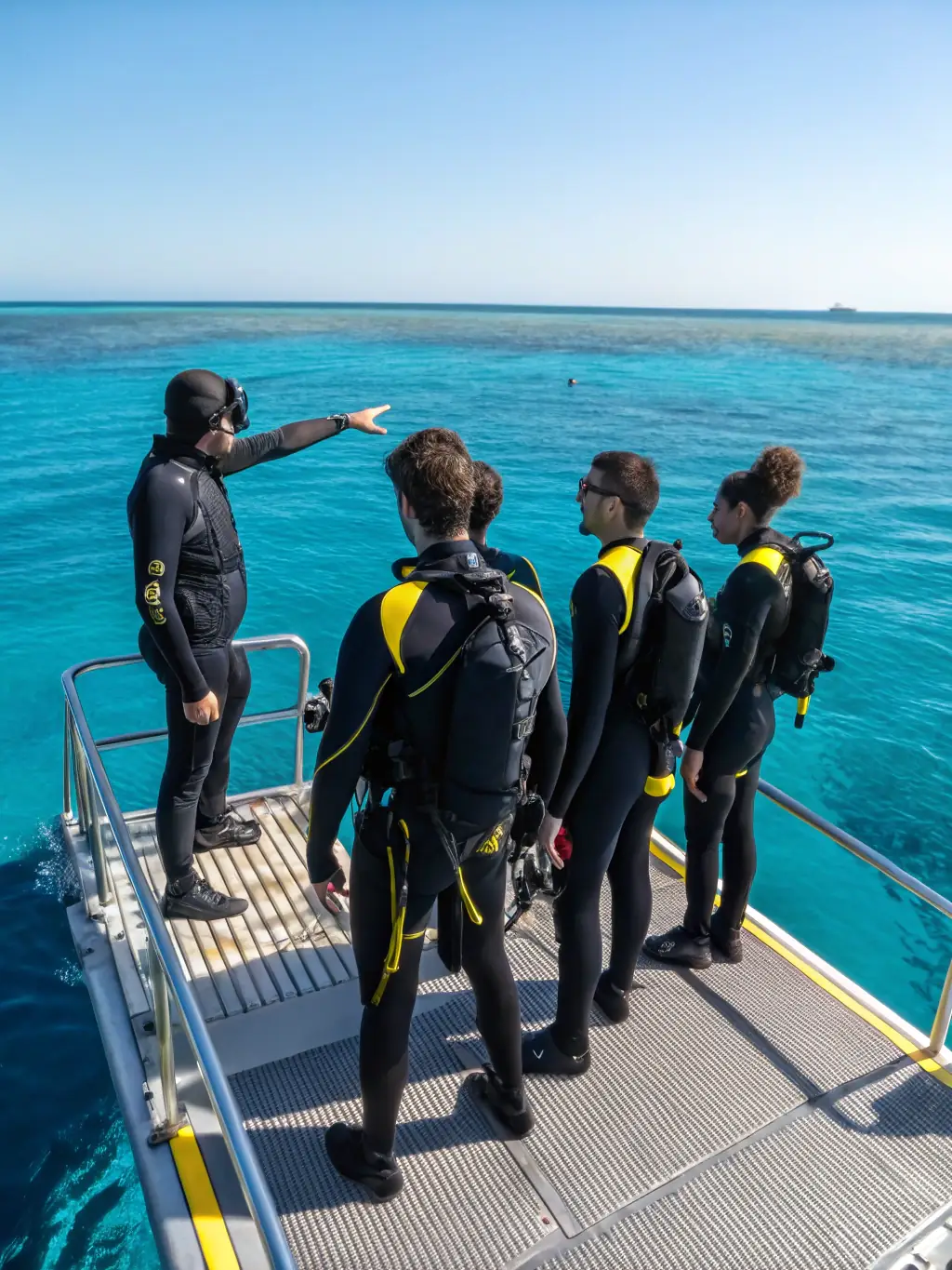 A close-up shot of a dive instructor giving a pre-dive briefing to a small group of divers on a boat, emphasizing the personalized attention.