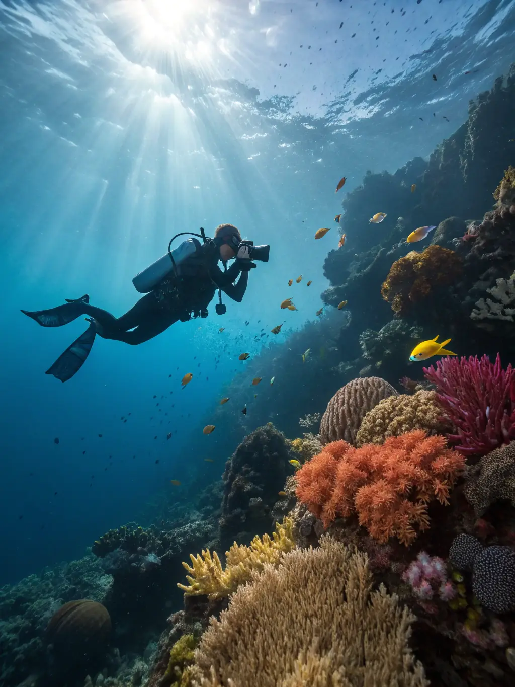 A diver carefully descending into a deeper dive site, following established safety procedures and guidelines from Muraka Diving.