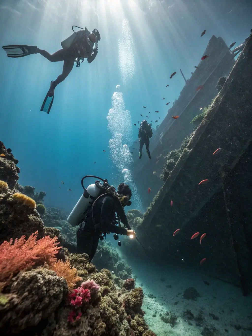 A group of divers descending into a clear blue ocean, with sunlight streaming through the surface, highlighting the adventure of deep-sea diving.