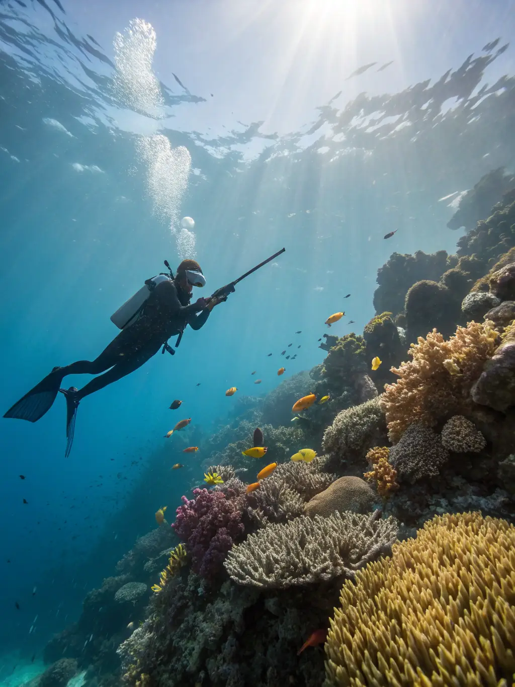An underwater image of a dive instructor pointing out a rare marine species to a diver, showcasing expert guidance.