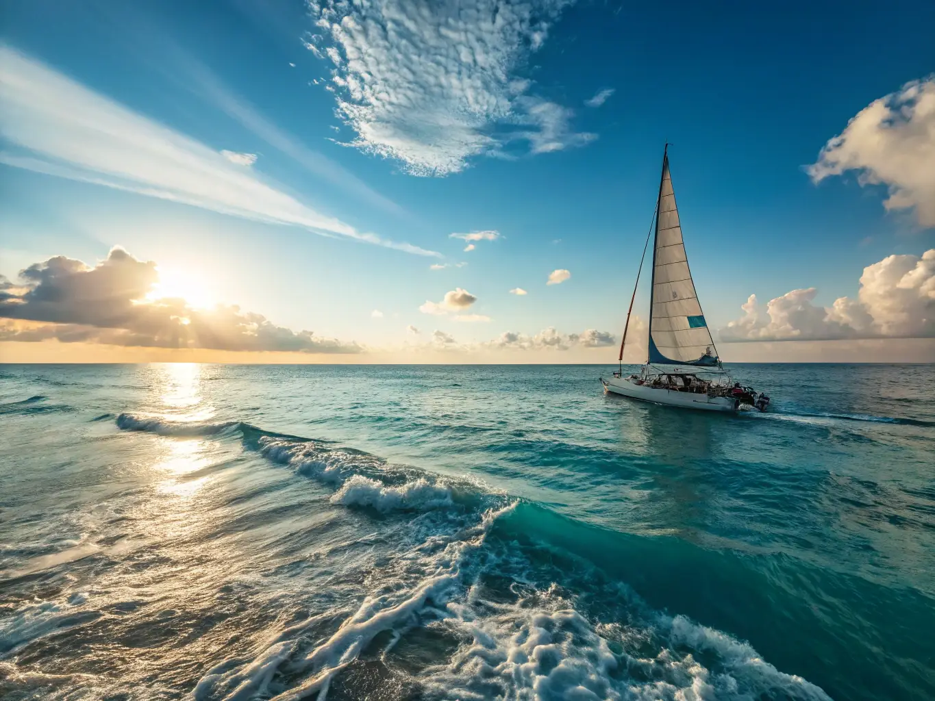 A luxurious catamaran sailing into a breathtaking sunset, with guests enjoying drinks and appetizers on board. The image conveys a sense of relaxation and indulgence.