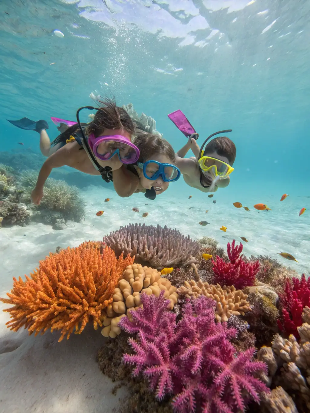 A group of people snorkeling in crystal-clear turquoise water, surrounded by colorful coral reefs and tropical fish, enjoying the vibrant underwater scenery.