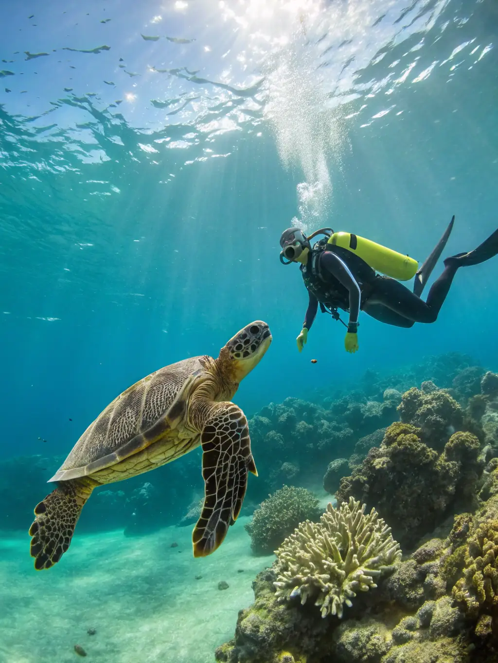 A diver taking underwater photographs of a sea turtle, showcasing the beauty and diversity of marine life.