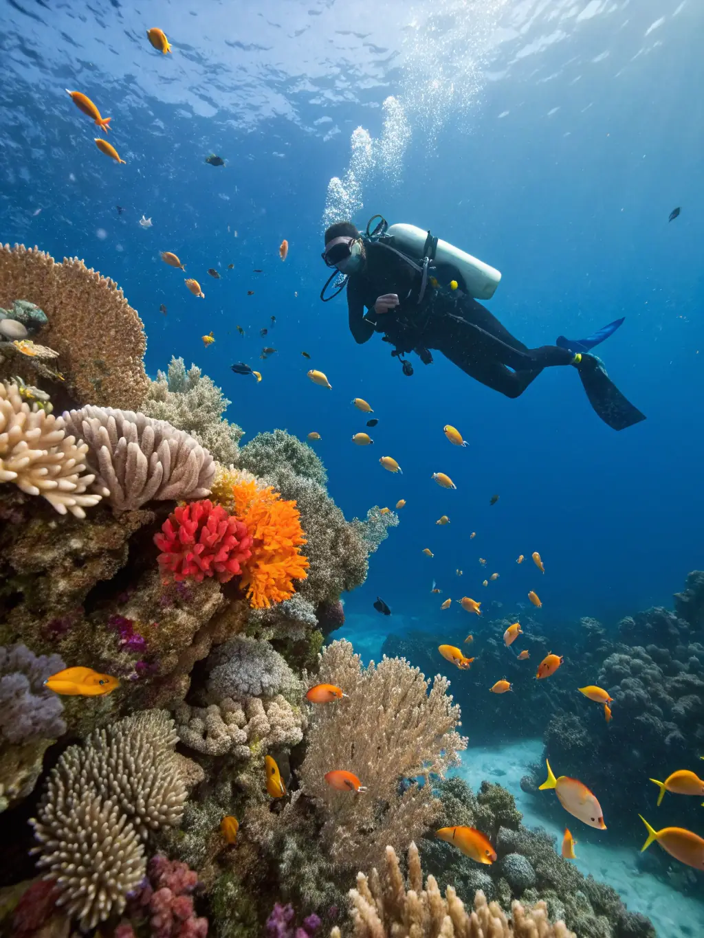 A diver swimming through a vibrant coral garden, surrounded by colorful fish and other marine life, showcasing the beauty of the underwater world.