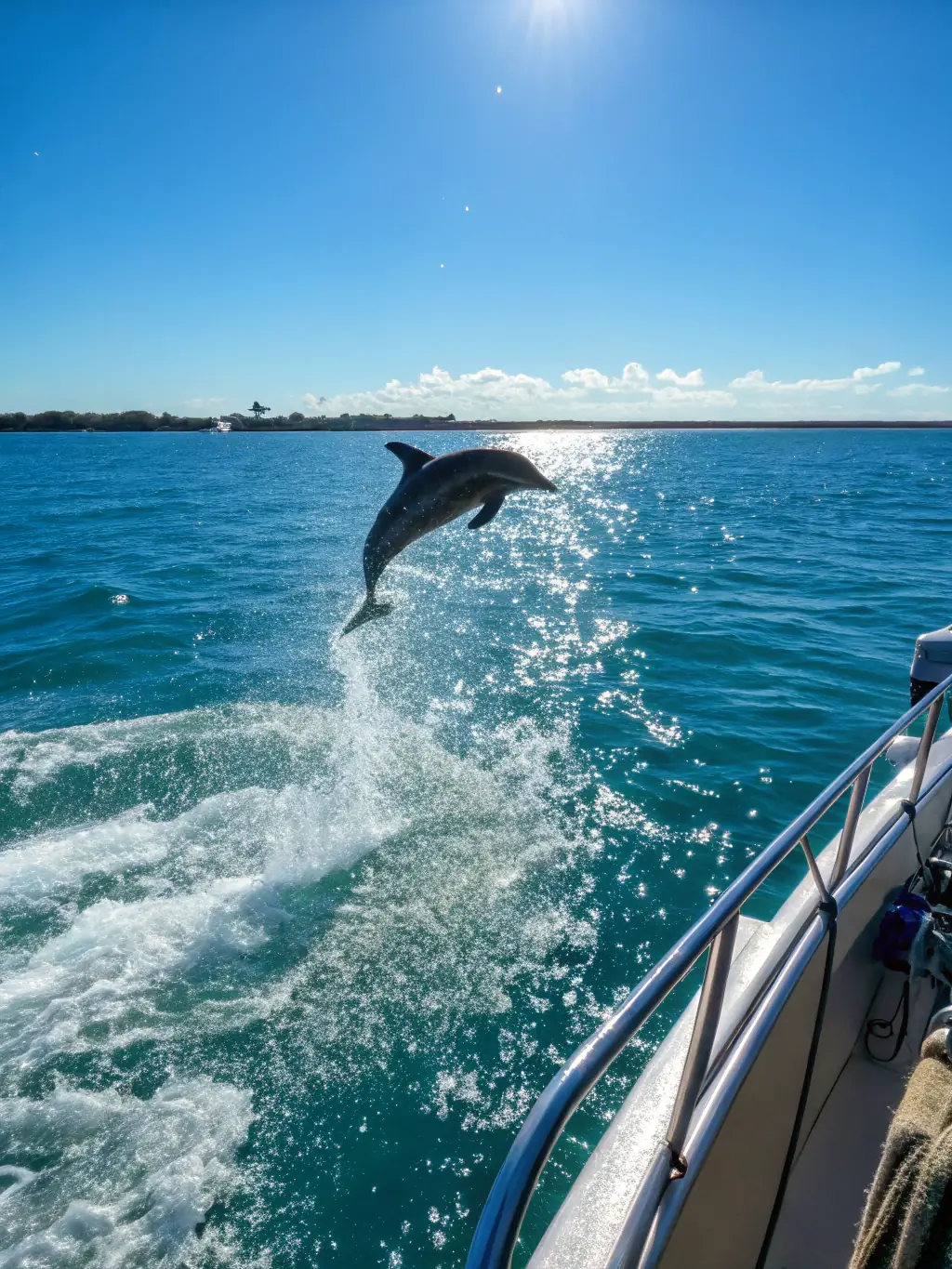 A pod of dolphins playfully swimming alongside a boat in the Maldives, with tourists excitedly watching and taking pictures.
